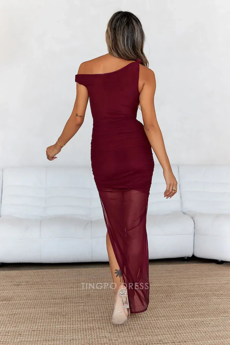 Elegant One - Shoulder Ruched Mesh High - Slit Maxi Dress Prom Dress